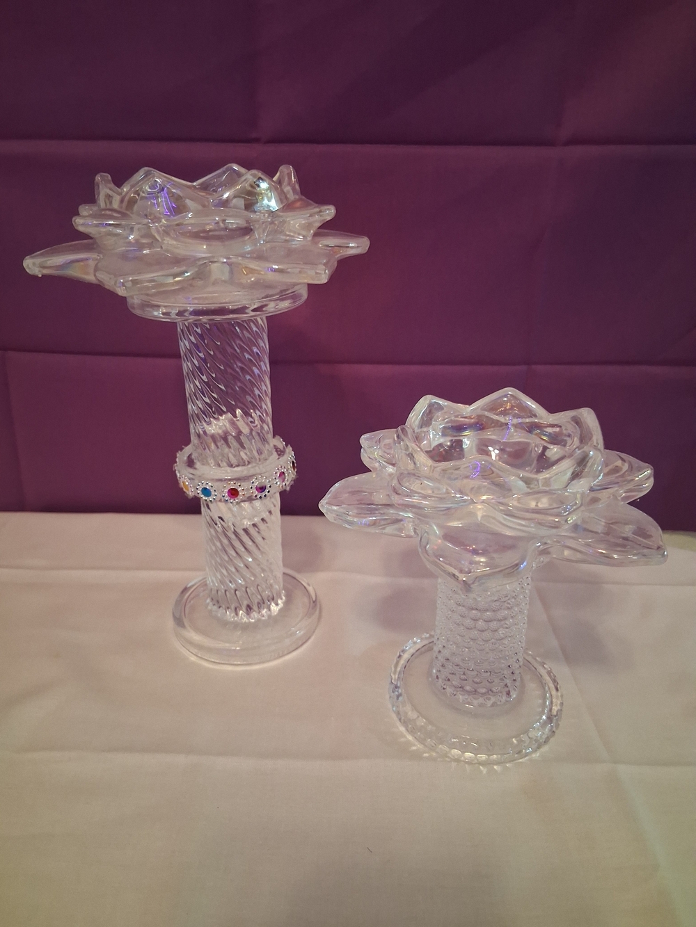 Lot of 2 Clear Glass Floral Candle Holders